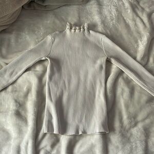 Anthropologie English Factory Sweater Ribbed Lace Trim Mock Neck Long White XS